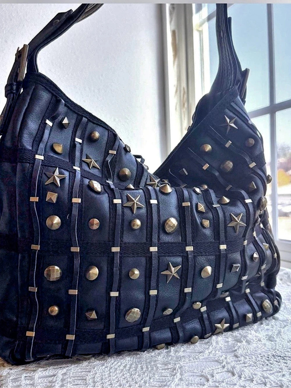 Betsey Johnson Studded Leather Hobo in Black & Brown Like New